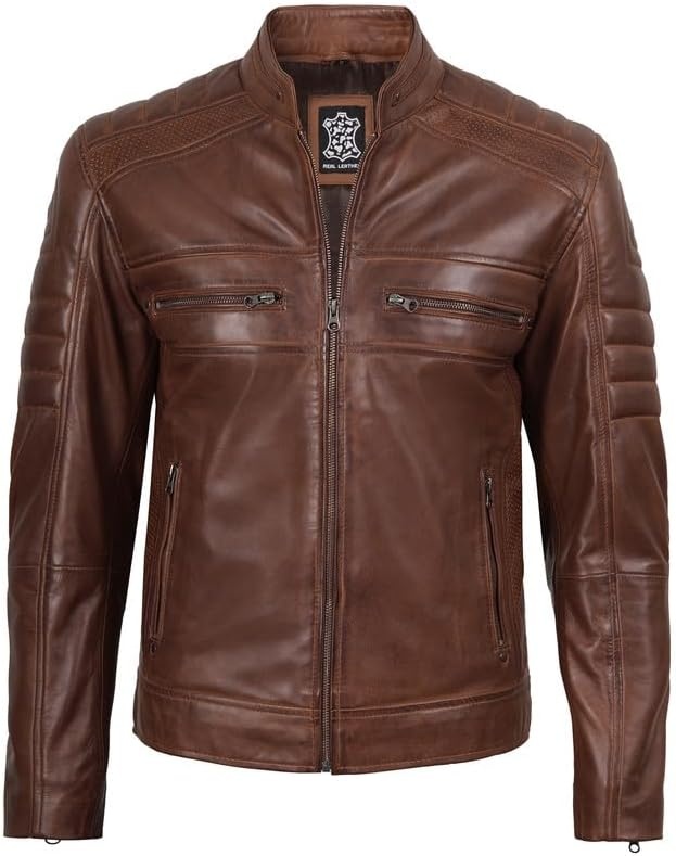 image:imageBlingsoul Cafe Racer Leather Jacket Men Real Lambskin Leather Jacket For Men Genuine Leather Motorcycle Style JacketsBrown Cognac Wax
