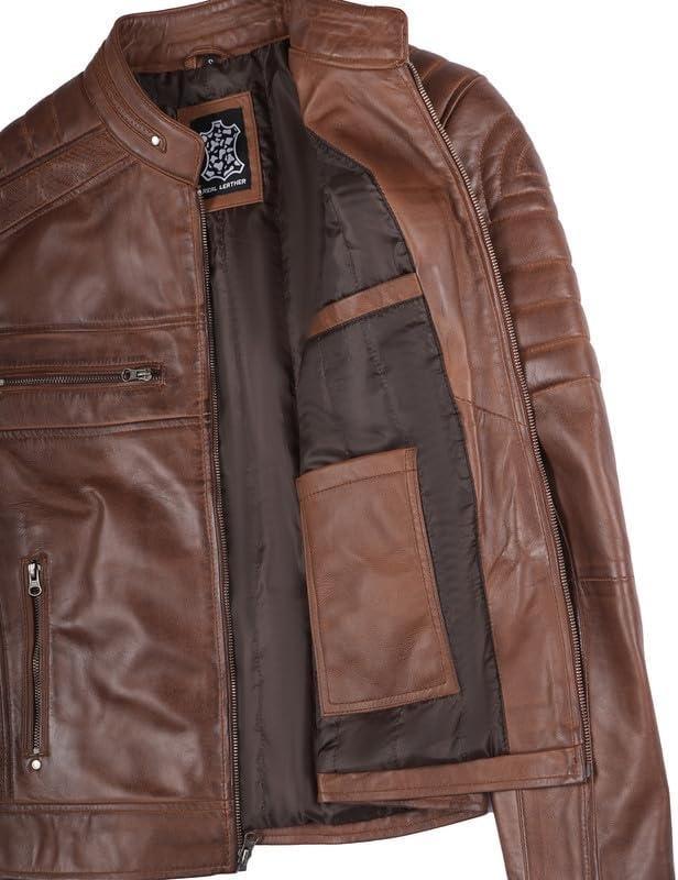 image:imageBlingsoul Cafe Racer Leather Jacket Men Real Lambskin Leather Jacket For Men Genuine Leather Motorcycle Style JacketsBrown Cognac Wax