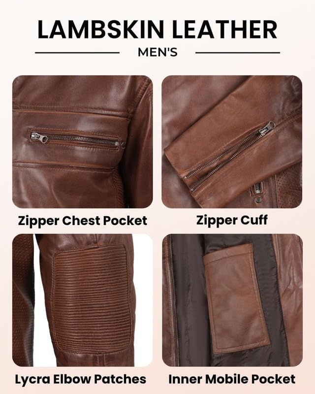 image:imageBlingsoul Cafe Racer Leather Jacket Men Real Lambskin Leather Jacket For Men Genuine Leather Motorcycle Style JacketsBrown Cognac Wax
