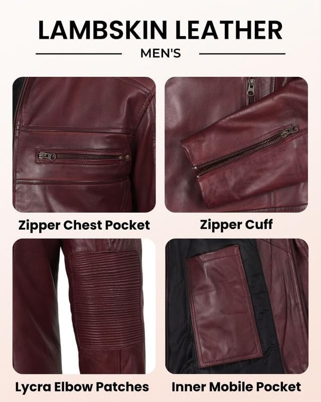image:imageBlingsoul Cafe Racer Leather Jacket Men Real Lambskin Leather Jacket For Men Genuine Leather Motorcycle Style JacketsBurgundy Maroon Wax