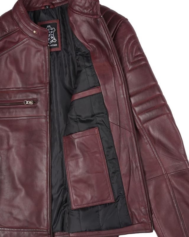 image:imageBlingsoul Cafe Racer Leather Jacket Men Real Lambskin Leather Jacket For Men Genuine Leather Motorcycle Style JacketsBurgundy Maroon Wax