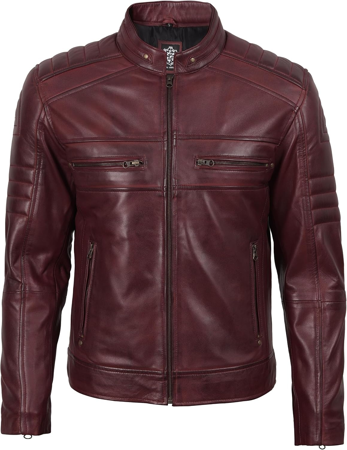 image:imageBlingsoul Cafe Racer Leather Jacket Men Real Lambskin Leather Jacket For Men Genuine Leather Motorcycle Style JacketsBurgundy Maroon Wax