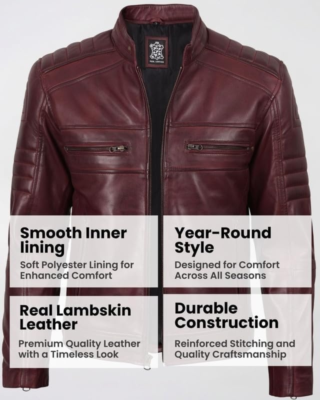 image:imageBlingsoul Cafe Racer Leather Jacket Men Real Lambskin Leather Jacket For Men Genuine Leather Motorcycle Style JacketsBurgundy Maroon Wax