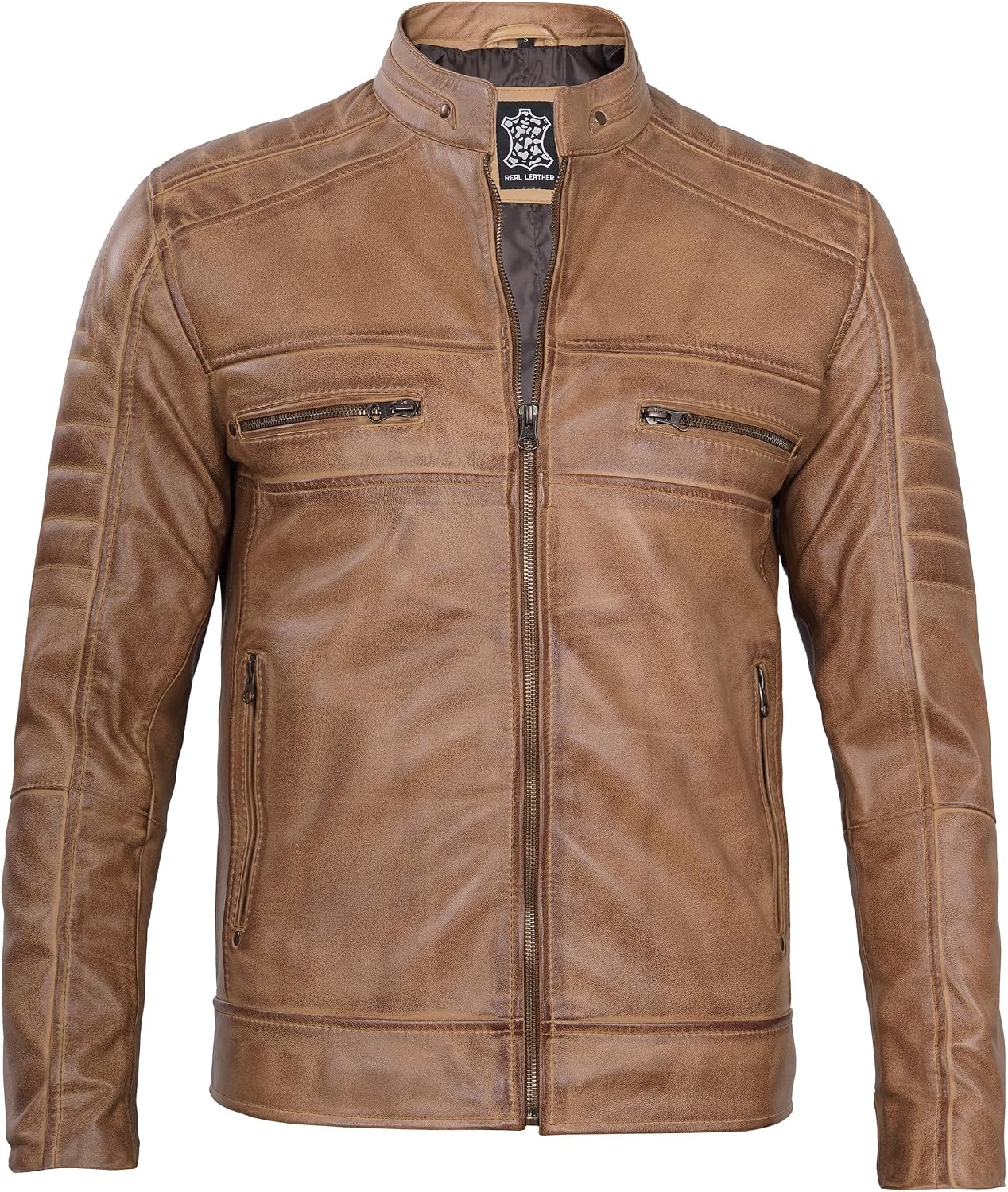 image:imageBlingsoul Cafe Racer Leather Jacket Men Real Lambskin Leather Jacket For Men Genuine Leather Motorcycle Style JacketsCamel Wax