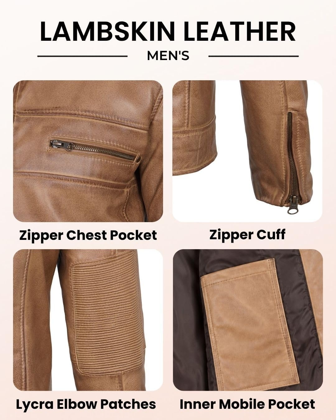 image:imageBlingsoul Cafe Racer Leather Jacket Men Real Lambskin Leather Jacket For Men Genuine Leather Motorcycle Style JacketsCamel Wax