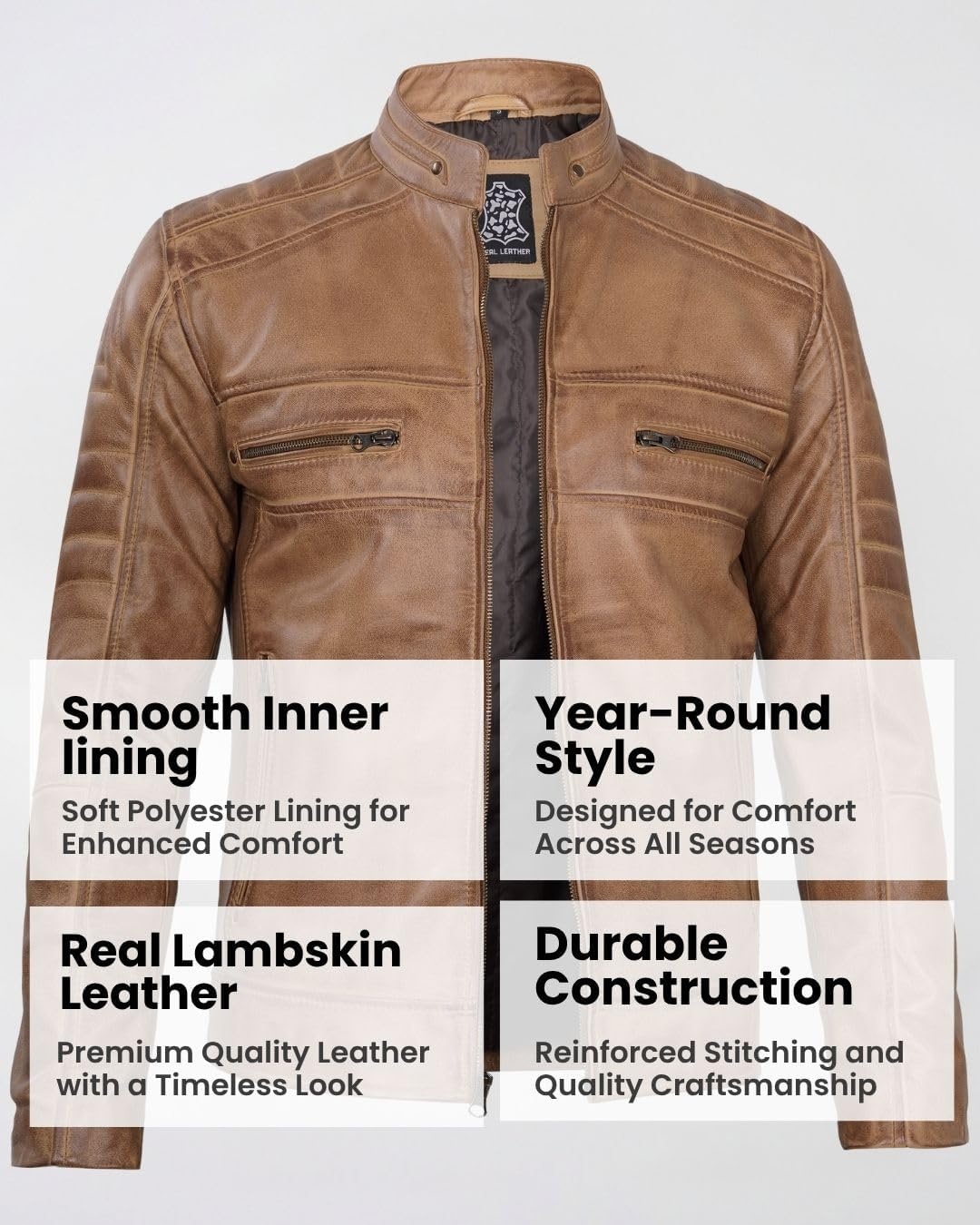 image:imageBlingsoul Cafe Racer Leather Jacket Men Real Lambskin Leather Jacket For Men Genuine Leather Motorcycle Style JacketsCamel Wax