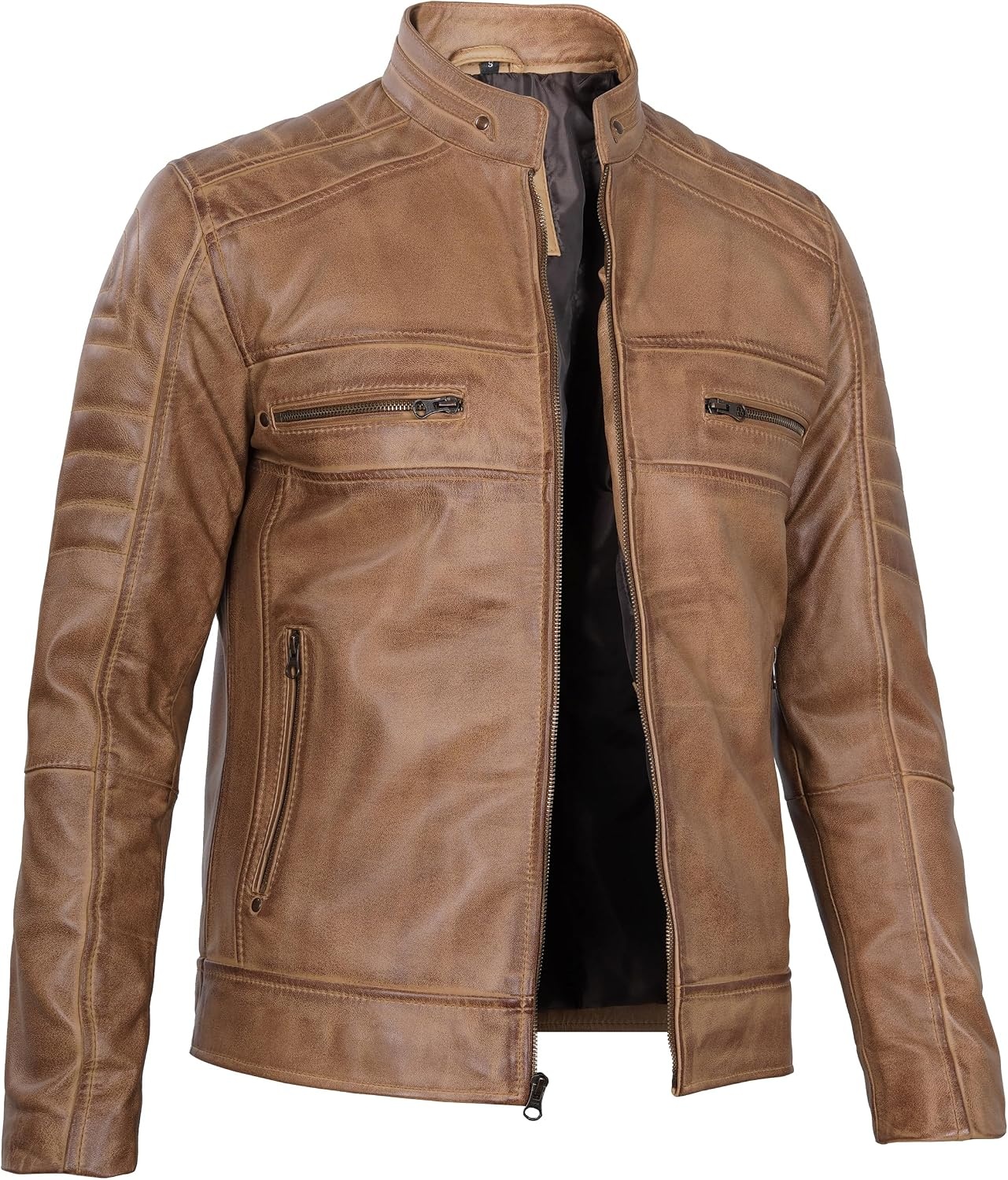 image:imageBlingsoul Cafe Racer Leather Jacket Men Real Lambskin Leather Jacket For Men Genuine Leather Motorcycle Style JacketsCamel Wax