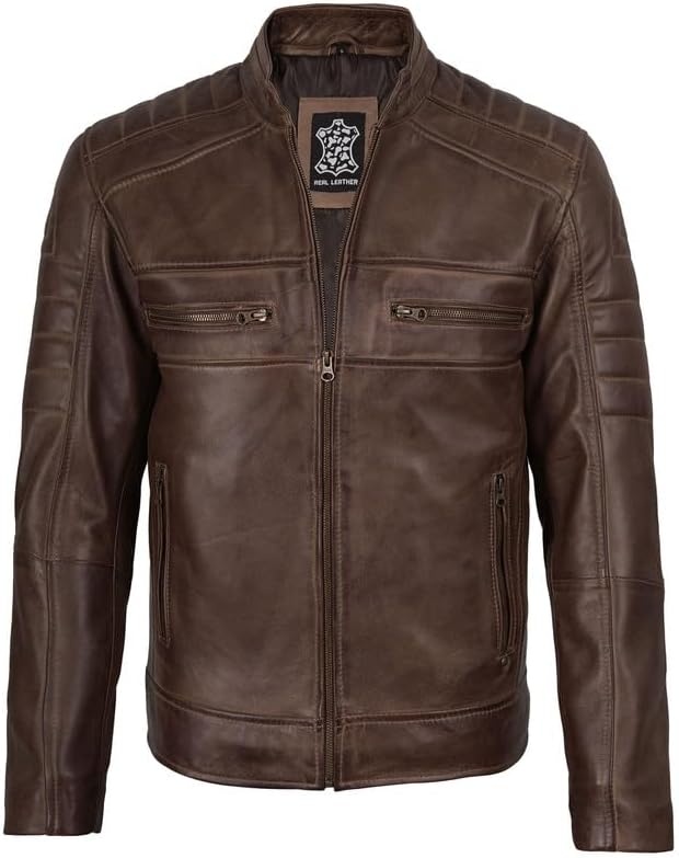 image:imageBlingsoul Cafe Racer Leather Jacket Men Real Lambskin Leather Jacket For Men Genuine Leather Motorcycle Style JacketsCoffee Brown