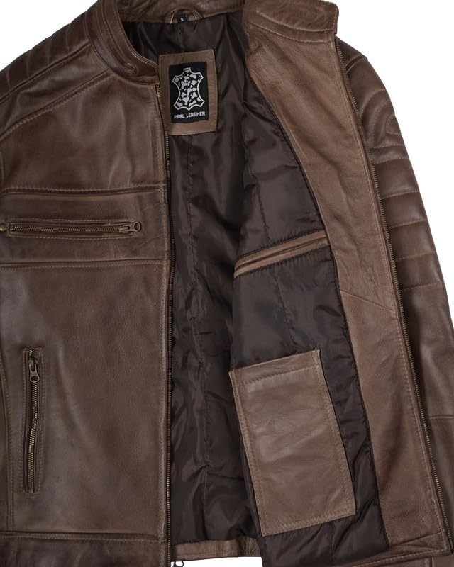 image:imageBlingsoul Cafe Racer Leather Jacket Men Real Lambskin Leather Jacket For Men Genuine Leather Motorcycle Style JacketsCoffee Brown