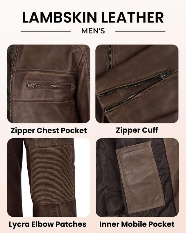image:imageBlingsoul Cafe Racer Leather Jacket Men Real Lambskin Leather Jacket For Men Genuine Leather Motorcycle Style JacketsCoffee Brown