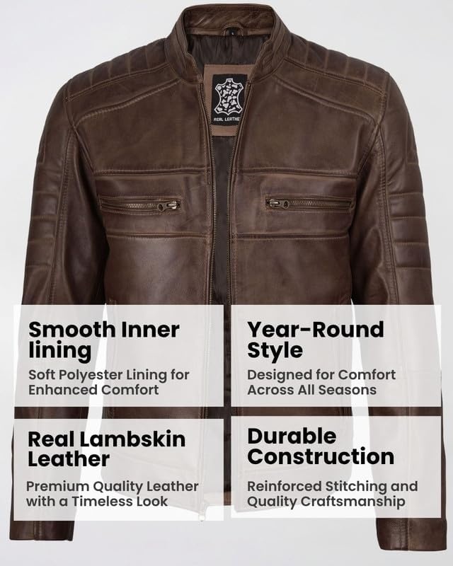 image:imageBlingsoul Cafe Racer Leather Jacket Men Real Lambskin Leather Jacket For Men Genuine Leather Motorcycle Style JacketsCoffee Brown