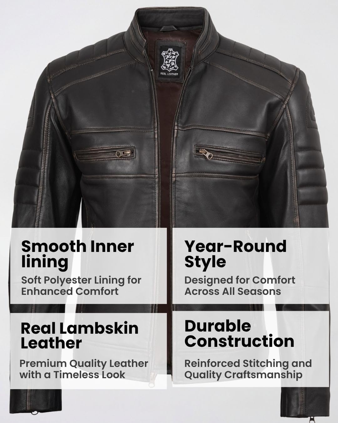 image:imageBlingsoul Cafe Racer Leather Jacket Men Real Lambskin Leather Jacket For Men Genuine Leather Motorcycle Style JacketsDark Brown Ruboff
