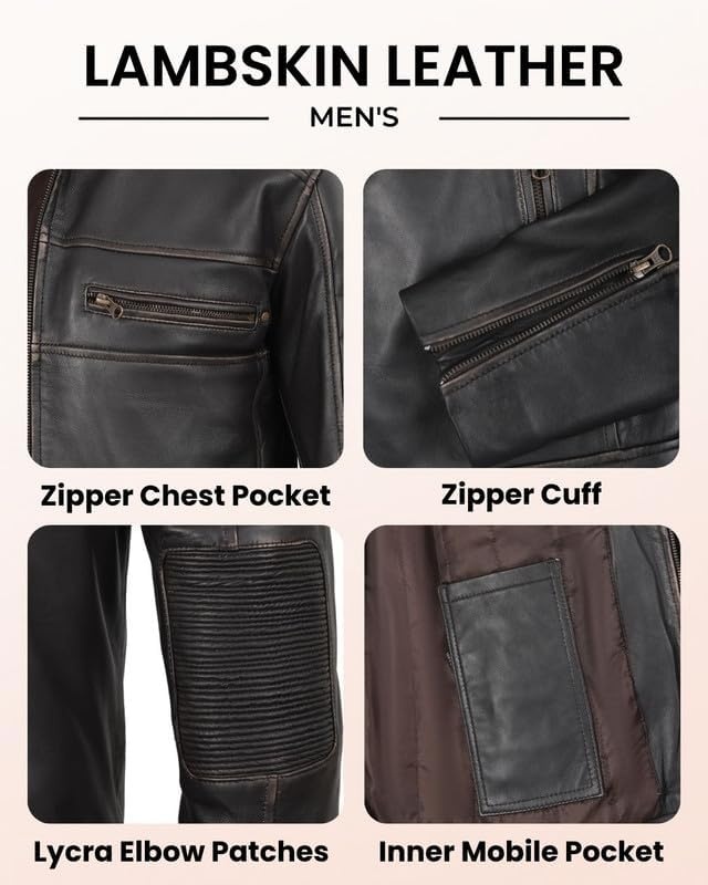 image:imageBlingsoul Cafe Racer Leather Jacket Men Real Lambskin Leather Jacket For Men Genuine Leather Motorcycle Style JacketsDark Brown Ruboff