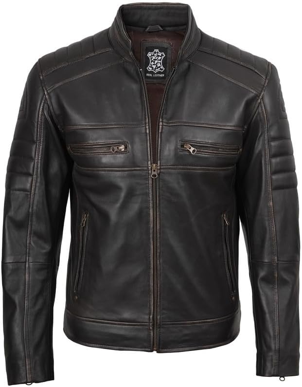 image:imageBlingsoul Cafe Racer Leather Jacket Men Real Lambskin Leather Jacket For Men Genuine Leather Motorcycle Style JacketsDark Brown Ruboff