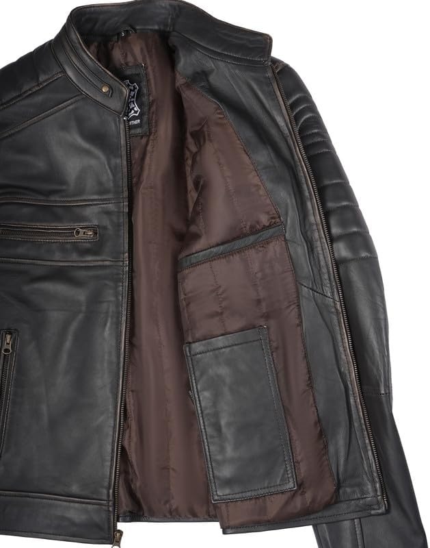 image:imageBlingsoul Cafe Racer Leather Jacket Men Real Lambskin Leather Jacket For Men Genuine Leather Motorcycle Style JacketsDark Brown Ruboff