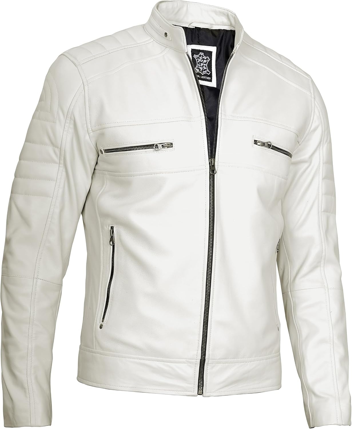 image:imageBlingsoul Cafe Racer Leather Jacket Men Real Lambskin Leather Jacket For Men Genuine Leather Motorcycle Style JacketsOffwhite