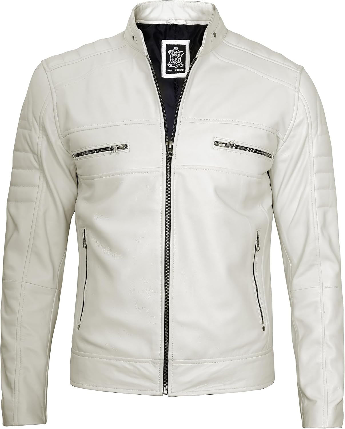 image:imageBlingsoul Cafe Racer Leather Jacket Men Real Lambskin Leather Jacket For Men Genuine Leather Motorcycle Style JacketsOffwhite