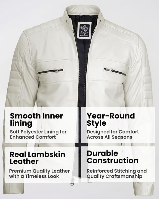 image:imageBlingsoul Cafe Racer Leather Jacket Men Real Lambskin Leather Jacket For Men Genuine Leather Motorcycle Style JacketsOffwhite