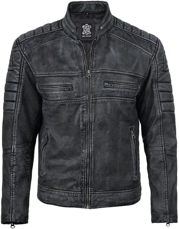 image:imageBlingsoul Cafe Racer Leather Jacket Men Real Lambskin Leather Jacket For Men Genuine Leather Motorcycle Style JacketsWashed Distress Black