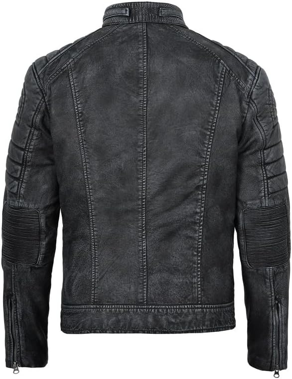 image:imageBlingsoul Cafe Racer Leather Jacket Men Real Lambskin Leather Jacket For Men Genuine Leather Motorcycle Style JacketsWashed Distress Black