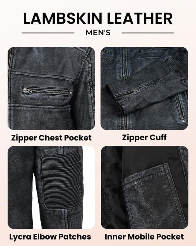 image:imageBlingsoul Cafe Racer Leather Jacket Men Real Lambskin Leather Jacket For Men Genuine Leather Motorcycle Style JacketsWashed Distress Black