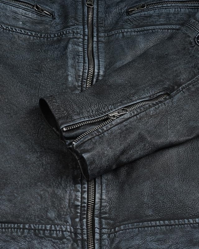 image:imageBlingsoul Cafe Racer Leather Jacket Men Real Lambskin Leather Jacket For Men Genuine Leather Motorcycle Style JacketsWashed Distress Black