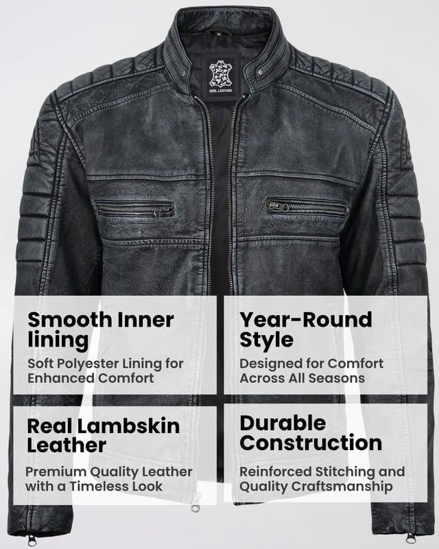 image:imageBlingsoul Cafe Racer Leather Jacket Men Real Lambskin Leather Jacket For Men Genuine Leather Motorcycle Style JacketsWashed Distress Black