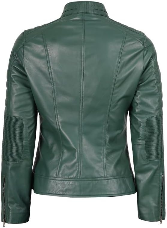 image:imageBlingsoul Cafe Racer Leather Jacket Womens 100 Real Lambskin Motorcycle Style Leather Jacket for Women with Band CollarGreen