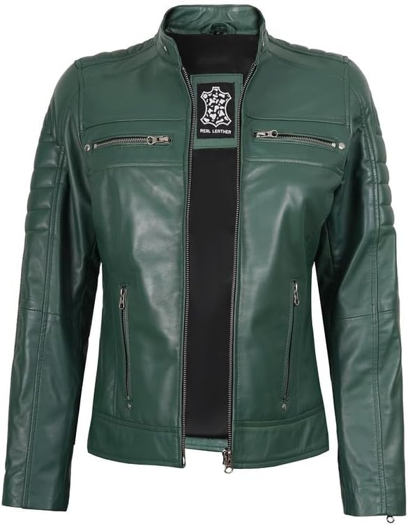 image:imageBlingsoul Cafe Racer Leather Jacket Womens 100 Real Lambskin Motorcycle Style Leather Jacket for Women with Band CollarGreen