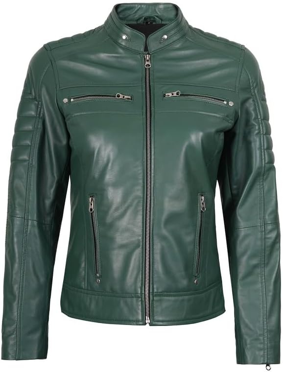 image:imageBlingsoul Cafe Racer Leather Jacket Womens 100 Real Lambskin Motorcycle Style Leather Jacket for Women with Band CollarGreen