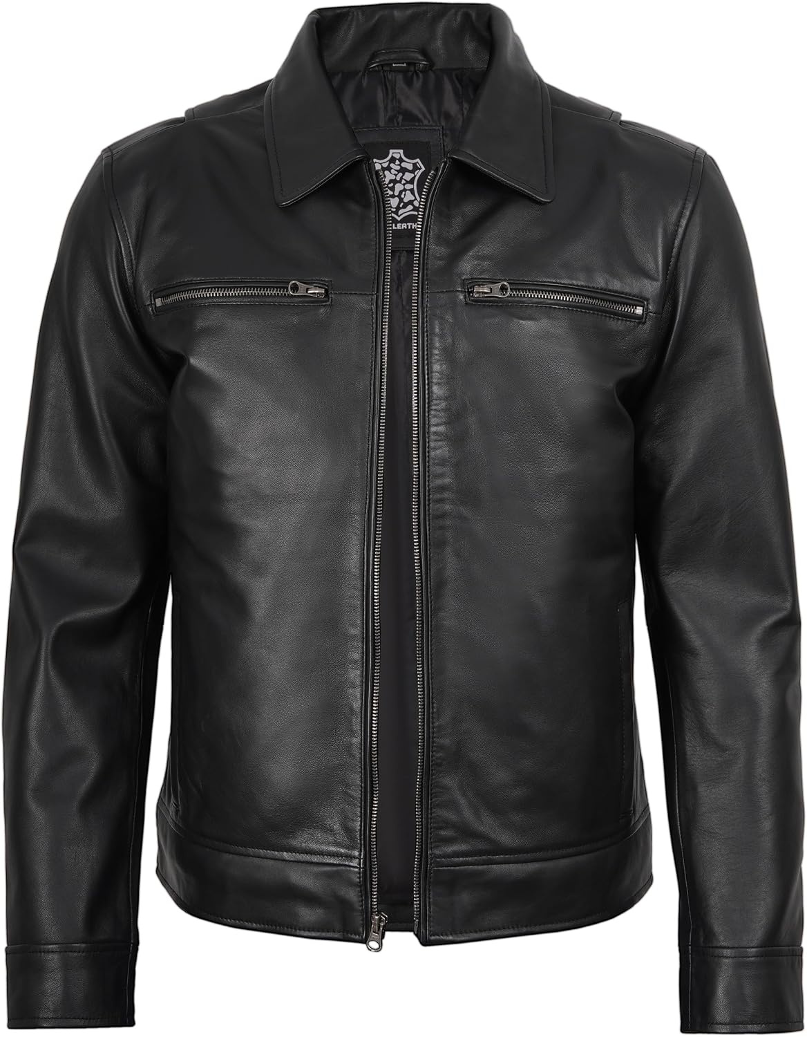 image:imageBlingsoul Classic Leather Jacket Men Real Lambskin Leather Jacket for Men with Shirt Collar Vintage Mens Leather JacketsBlack