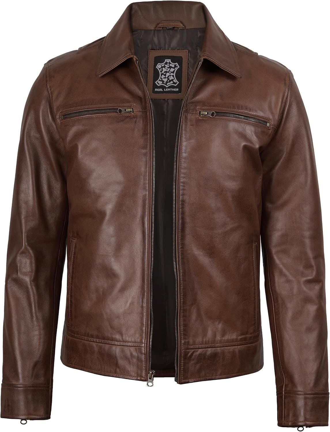 image:imageBlingsoul Classic Leather Jacket Men Real Lambskin Leather Jacket for Men with Shirt Collar Vintage Mens Leather JacketsCognac Wax