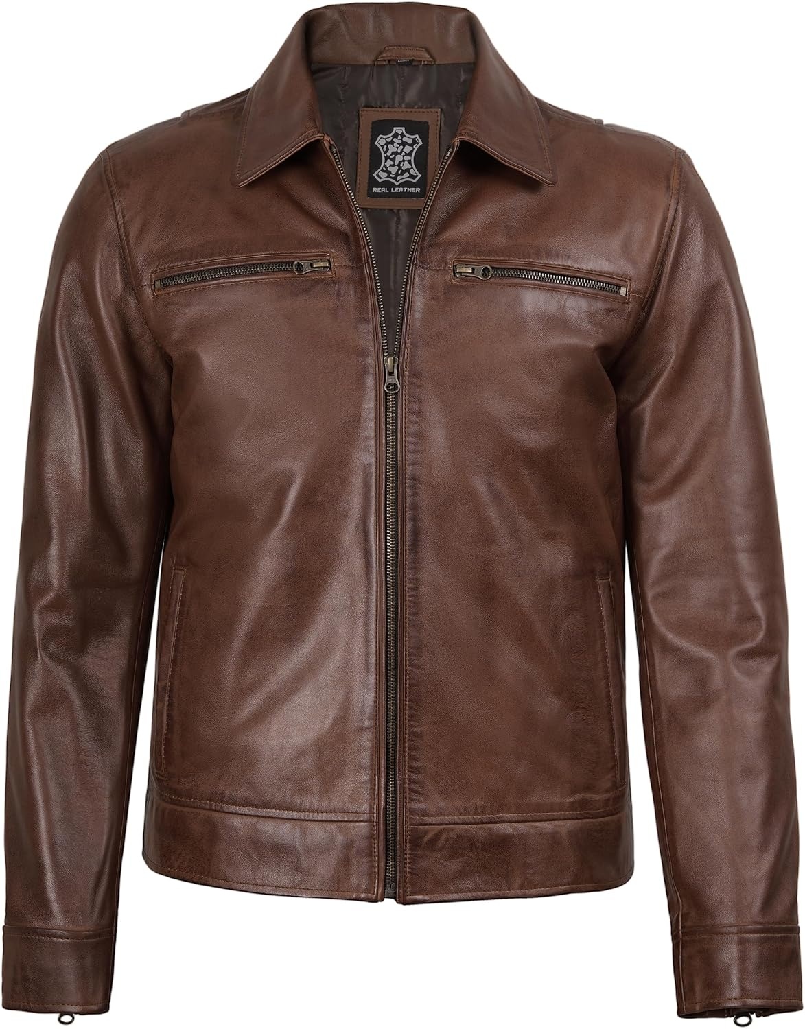 image:imageBlingsoul Classic Leather Jacket Men Real Lambskin Leather Jacket for Men with Shirt Collar Vintage Mens Leather JacketsCognac Wax