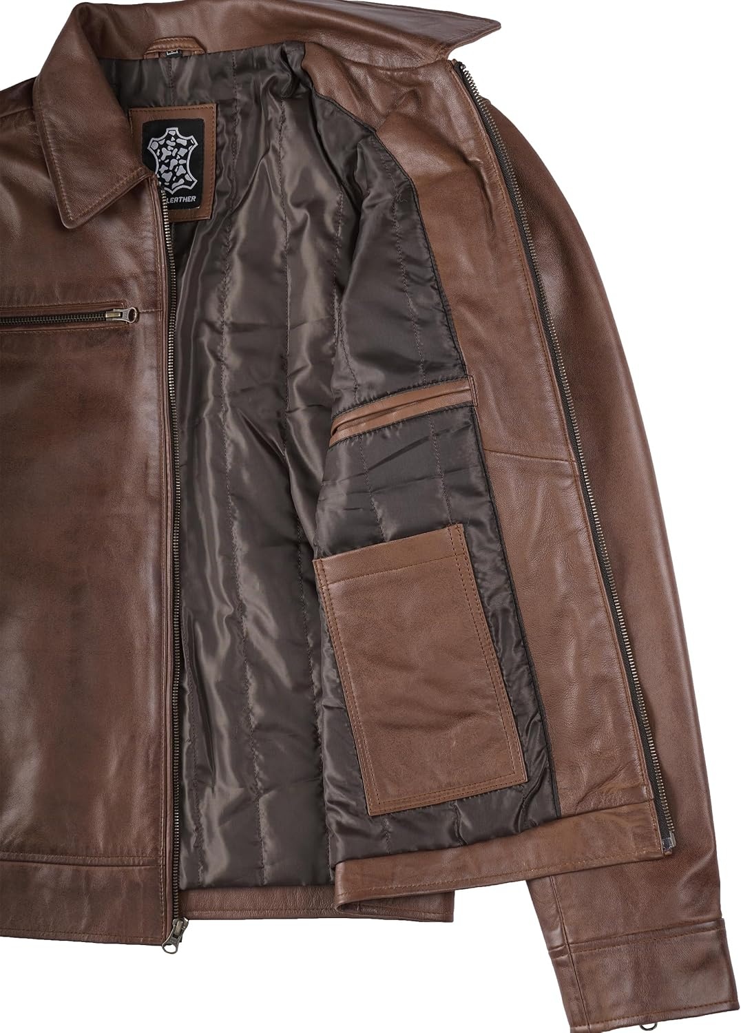 image:imageBlingsoul Classic Leather Jacket Men Real Lambskin Leather Jacket for Men with Shirt Collar Vintage Mens Leather JacketsCognac Wax
