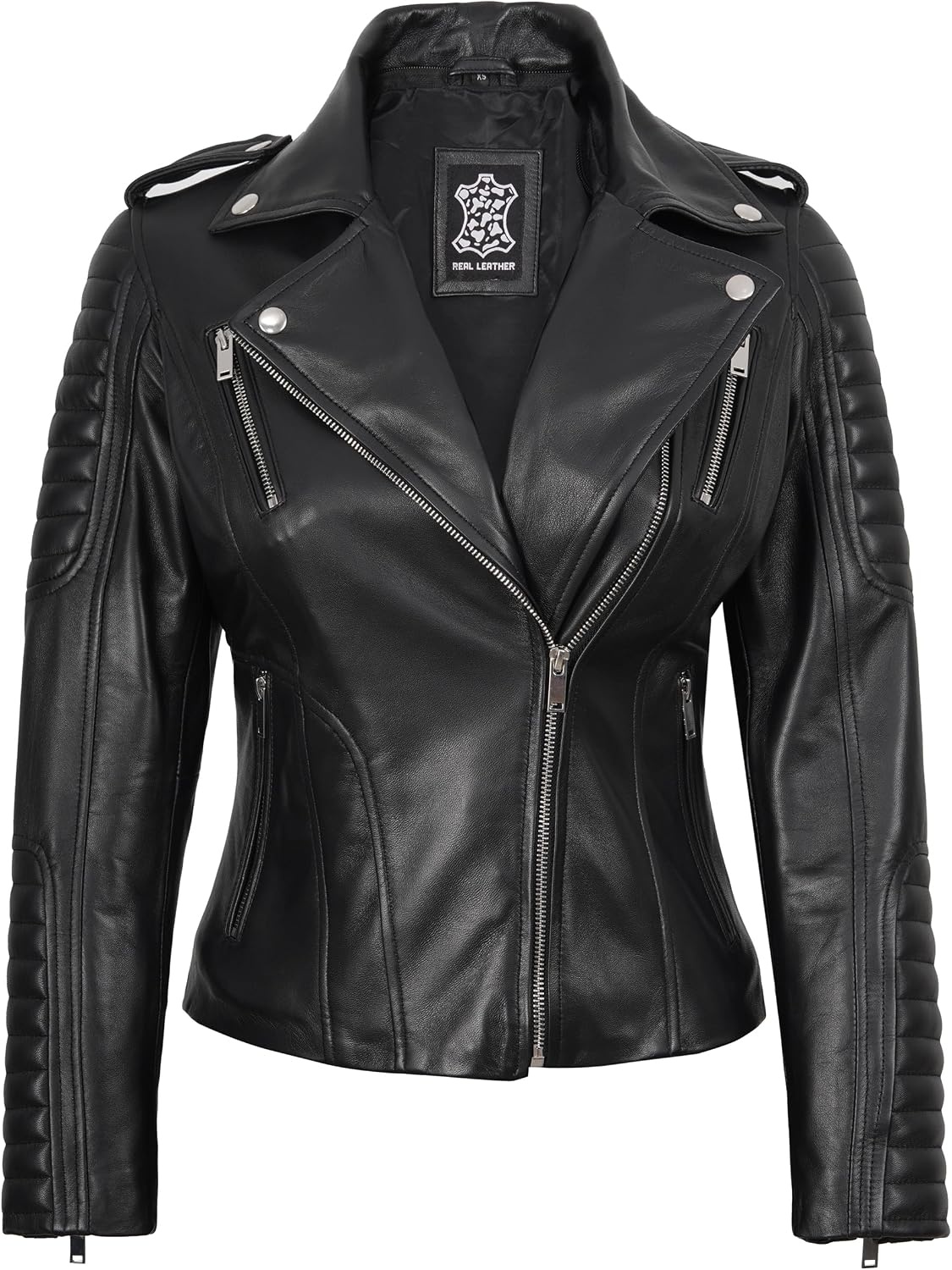image:imageBlingsoul Hooded Leather Jacket Women Real Lambskin Asymmetrical Leather Jacket For Womens With Detachable HoodBlack
