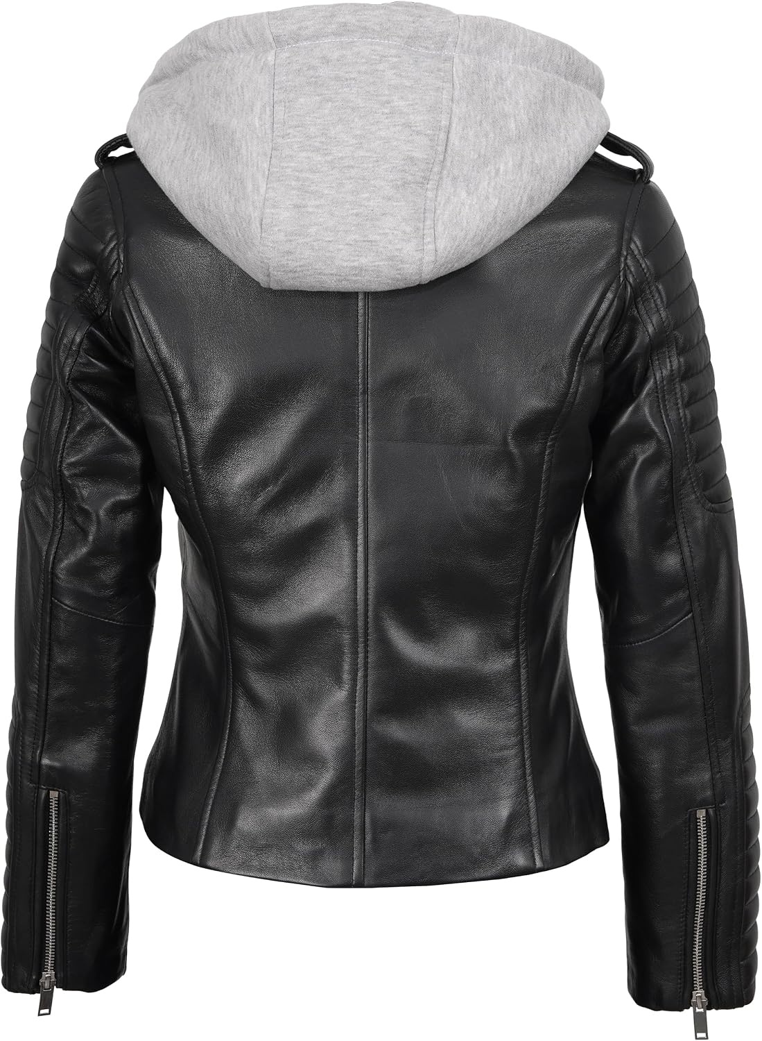 image:imageBlingsoul Hooded Leather Jacket Women Real Lambskin Asymmetrical Leather Jacket For Womens With Detachable HoodBlack