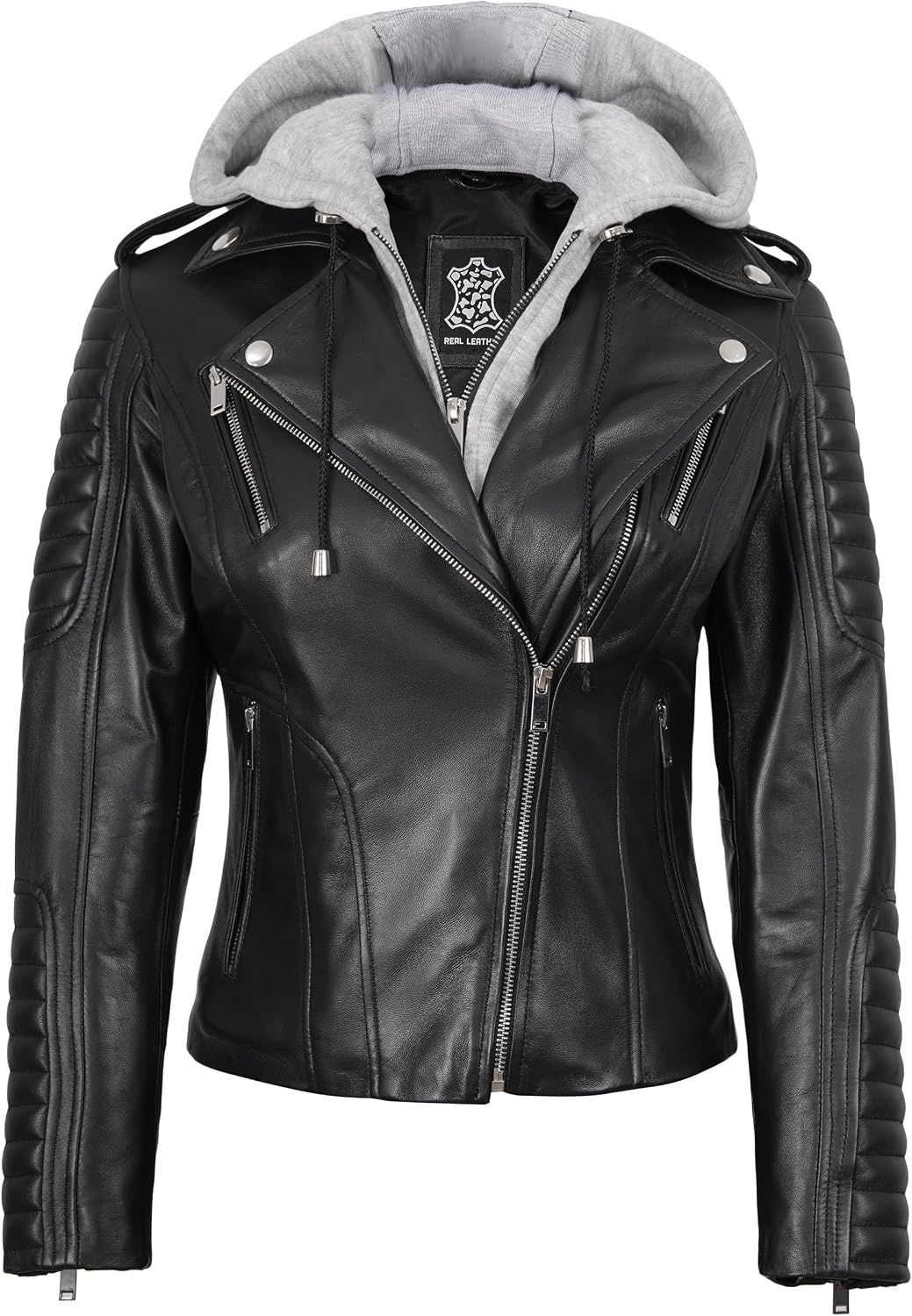 image:imageBlingsoul Hooded Leather Jacket Women Real Lambskin Asymmetrical Leather Jacket For Womens With Detachable HoodBlack
