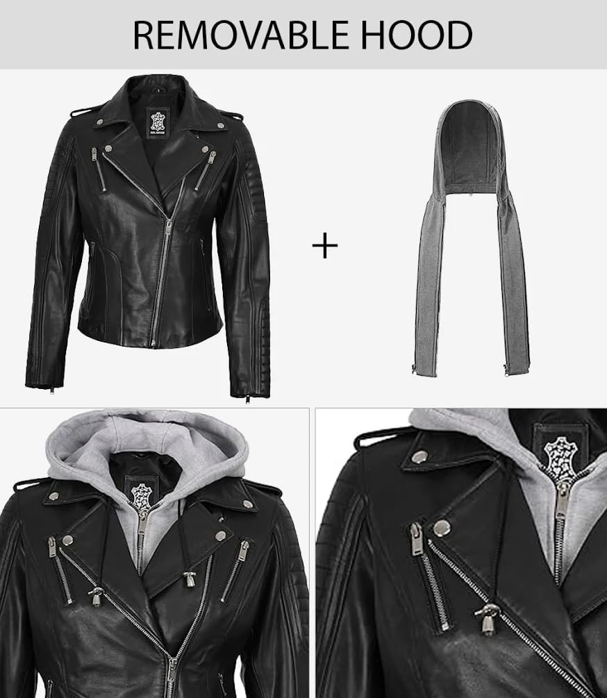 image:imageBlingsoul Hooded Leather Jacket Women Real Lambskin Asymmetrical Leather Jacket For Womens With Detachable HoodBlack