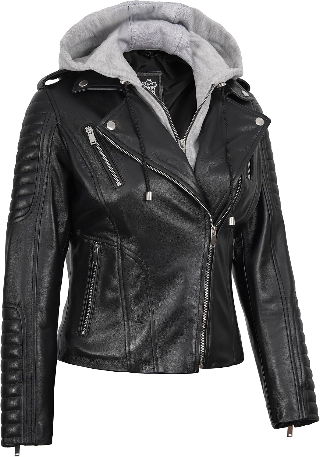 image:imageBlingsoul Hooded Leather Jacket Women Real Lambskin Asymmetrical Leather Jacket For Womens With Detachable HoodBlack