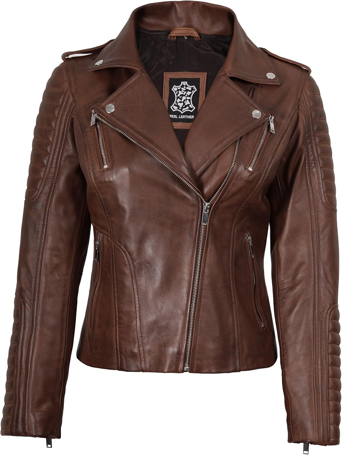 image:imageBlingsoul Hooded Leather Jacket Women Real Lambskin Asymmetrical Leather Jacket For Womens With Detachable HoodCognac Wax