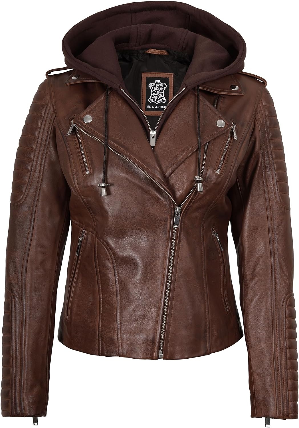 image:imageBlingsoul Hooded Leather Jacket Women Real Lambskin Asymmetrical Leather Jacket For Womens With Detachable HoodCognac Wax