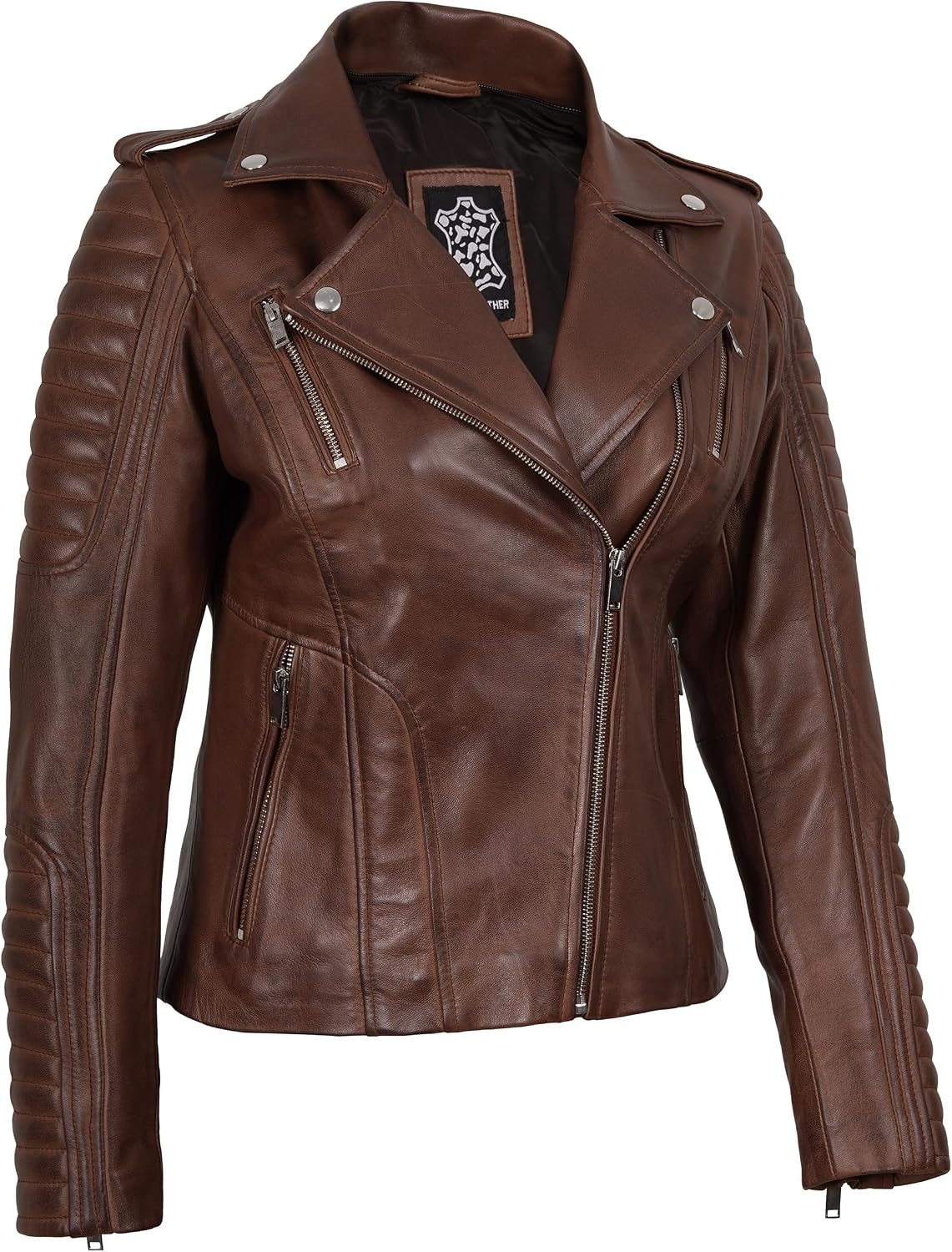 image:imageBlingsoul Hooded Leather Jacket Women Real Lambskin Asymmetrical Leather Jacket For Womens With Detachable HoodCognac Wax