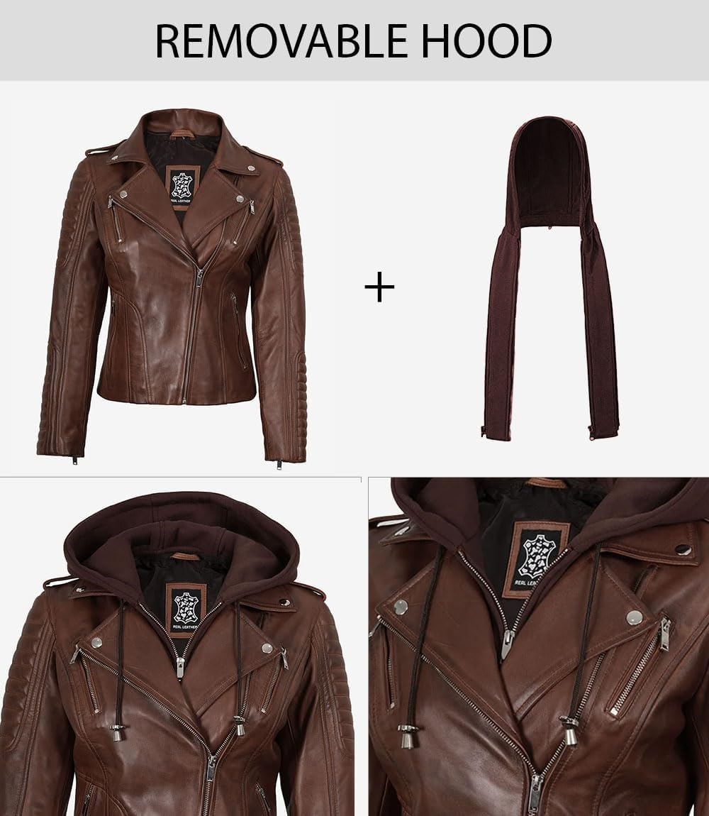 image:imageBlingsoul Hooded Leather Jacket Women Real Lambskin Asymmetrical Leather Jacket For Womens With Detachable HoodCognac Wax