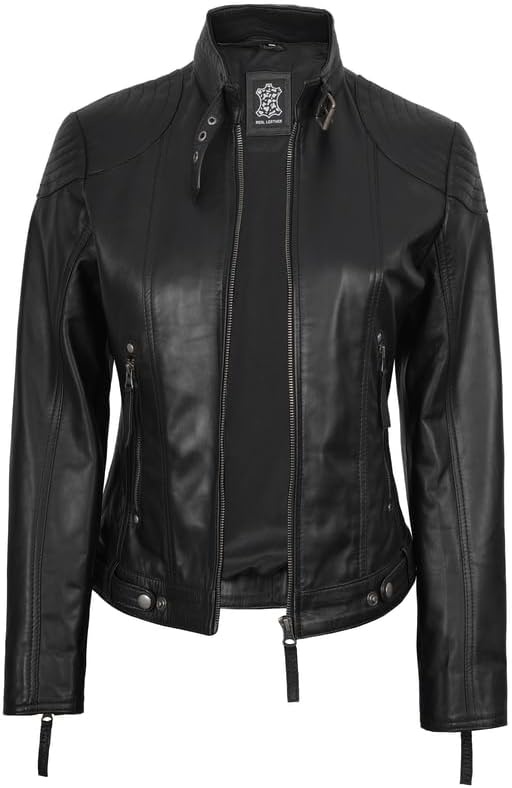 image:imageBlingsoul Hooded Leather Jacket Women Real Lambskin Leather Jacket for Women with Detachable HoodBlack