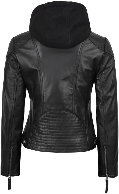 image:imageBlingsoul Hooded Leather Jacket Women Real Lambskin Leather Jacket for Women with Detachable HoodBlack