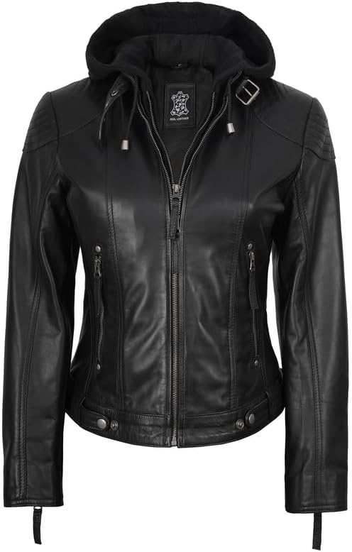 image:imageBlingsoul Hooded Leather Jacket Women Real Lambskin Leather Jacket for Women with Detachable HoodBlack