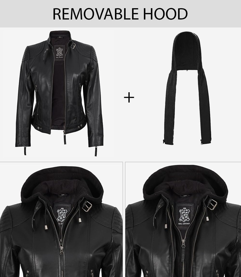 image:imageBlingsoul Hooded Leather Jacket Women Real Lambskin Leather Jacket for Women with Detachable HoodBlack