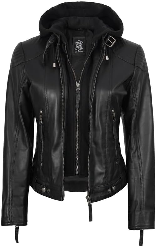 image:imageBlingsoul Hooded Leather Jacket Women Real Lambskin Leather Jacket for Women with Detachable HoodBlack