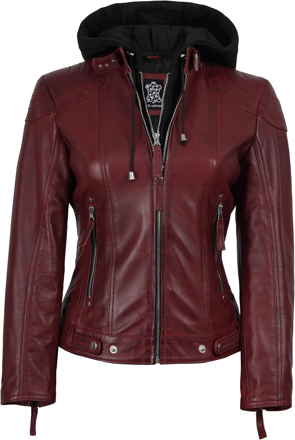 image:imageBlingsoul Hooded Leather Jacket Women Real Lambskin Leather Jacket for Women with Detachable HoodBurgundy Maroon Wax