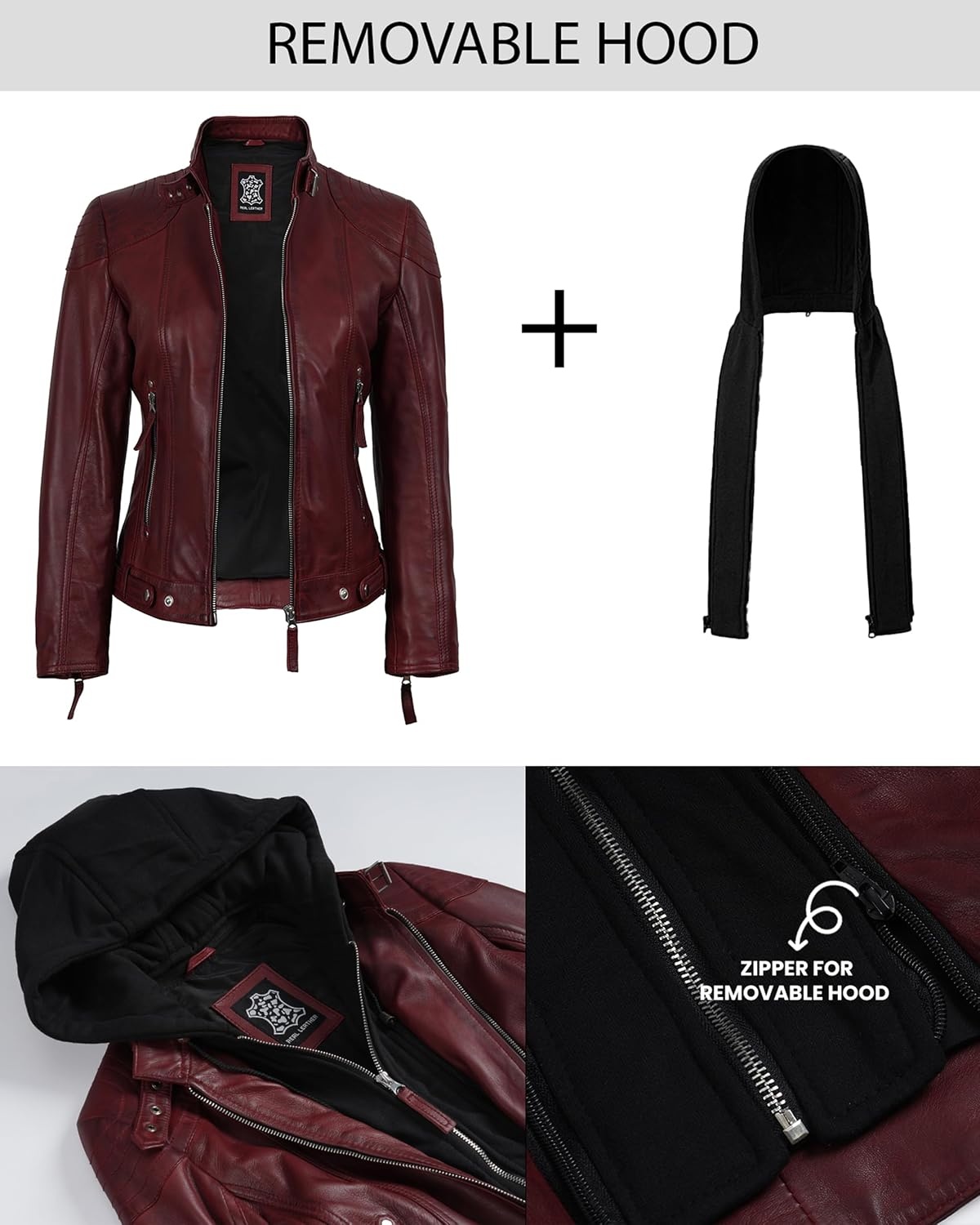 image:imageBlingsoul Hooded Leather Jacket Women Real Lambskin Leather Jacket for Women with Detachable HoodBurgundy Maroon Wax